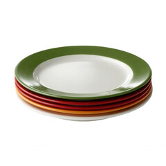 A stack of colorful plates featuring a green rim on a white plate, isolated on a background to highlight their vibrant colors and design, perfect for culinary presentations.