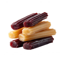 A stack of deliciously colored food sticks featuring vibrant hues of purple and yellow, isolated on a white background, perfect for illustrating snacks or dog treats.