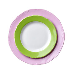 A stacked set of colorful plates featuring a vibrant green inner plate and a soft pink outer plate, displayed against a white isolated background for an artistic touch.