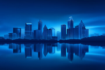 Fototapeta premium City skyline illuminated in deep blue tones at twilight, reflecting beautifully in the still water below. Concept of urban landscapes, city planning, tourism