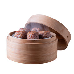 A steaming bamboo basket filled with delicious meatballs, showcasing the traditional Asian cuisine in an inviting and appetizing way.
