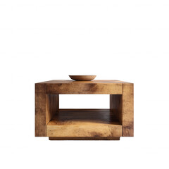A stylish wooden coffee table featuring an open shelf and a small decorative bowl on top, perfect for modern home decor and living spaces.