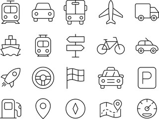 Public and Municipal Transport Line Icons Set — Thin Linear Vector Symbols of Travel and Transit