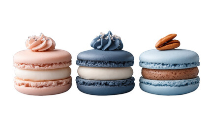 Colorful macarons arranged attractively on a white background, showcasing various flavors and textures