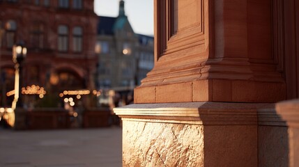 Close-up of a sunlit terracotta building corner, with blurred city scene beyond
