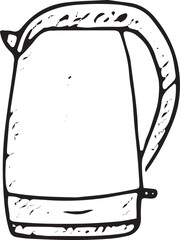 Hand-drawn sketch of an electric kettle in minimalist black-and-white line art, perfect for modern kitchen designs, home decor inspiration, and culinary illustration projects