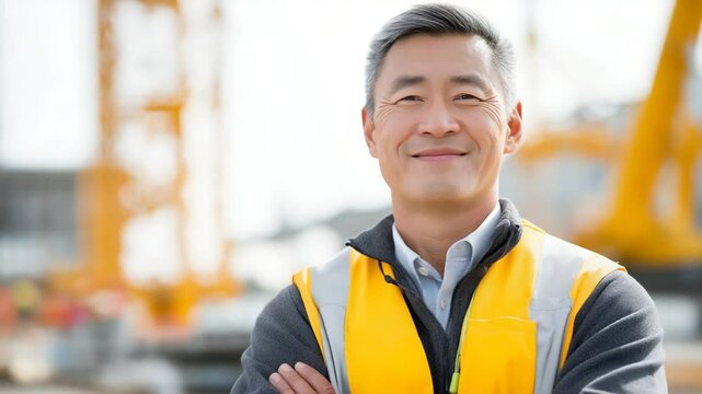 Confident Chinese Engineer at Construction Site with Innovative Mindset