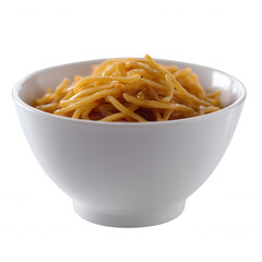 A white bowl filled with delicious noodles, isolated on a white background, perfect for showcasing in culinary contexts.