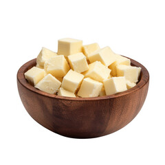 Cubed butter in wooden bowl isolated on transparent background
