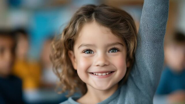 Confident girl raising hand in colorful classroom setting
