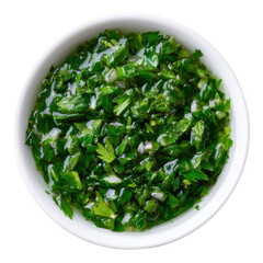 Chopped fresh green herbs in a white bowl, ideal for garnishing or seasoning dishes, showcasing vibrant colors and textures on a clear background.
