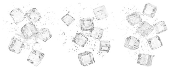 Fototapeta premium PNG Scattered ice cubes splashing water, element set on transparent background