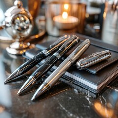 Elegant metallic pens rest on a leather notebook, with a candle and decorative objects creating a sophisticated office ambiance.