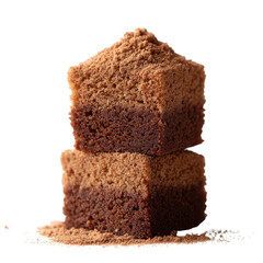 Delicious chocolate brownie squares stacked on top of each other, showcasing their rich textures and layers, isolated on a clean white background for a striking presentation.