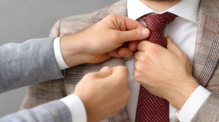 A man is adjusting another man's red tie, both wearing suits, focusing on preparation and professional appearance.