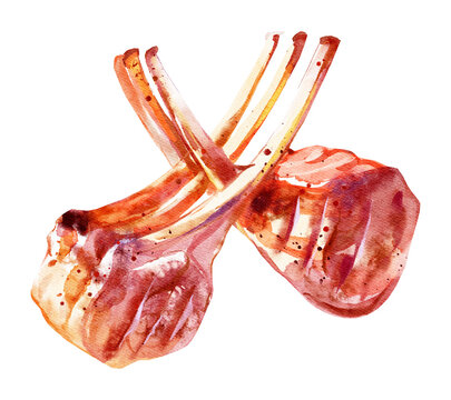 Watercolor grilled lamb mutton meat chops steaks. Isolated painted illustration on white background