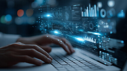 Closeup of hands typing on a laptop, with holographic data visualizations and charts emerging from the screen, illustrating data analysis and business intelligence.