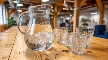 A glass pitcher filled with ice water and four empty glasses sit on a wooden table in a modern, well-lit office setting.