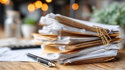 A large stack of organized documents and folders sits on a desk with a pen nearby and a blurred office background.