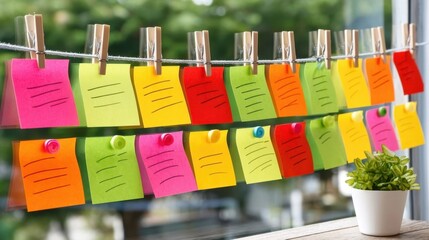 Colorful sticky notes hang on a string with clothespins by a window, next to a small green plant.