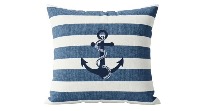 Decorative square pillow showcasing an anchor and rope design with blue and white nautical stripes.