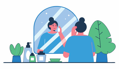 Woman applying skincare at home in front of mirror