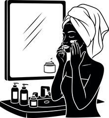 Woman applying face cream in bathroom mirror