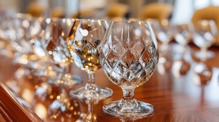 Elegant crystal glasses are neatly arranged on a polished wooden table, reflecting light and creating a sophisticated ambiance.
