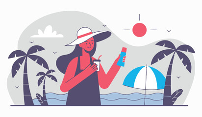 Woman relaxing on tropical beach with sunscreen and drink