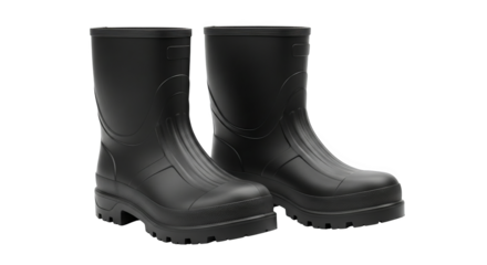 Two black rubber boots stand side by side, ready for wet weather, shown in a studio setting.