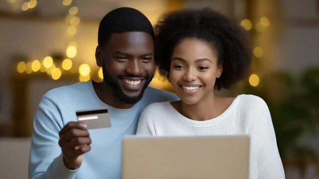 Couple Reviewing Credit Card Statement at Home on Laptop