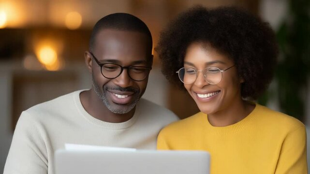 Couple Reviewing Finances at Home with Laptop and Credit Card Statement