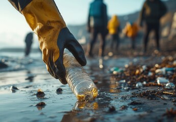 Environmental Cleanup Effort: Diverse Group of Adults Participating in a Beach Cleanup, Focusing on Removing Plastic Waste from a Shoreline