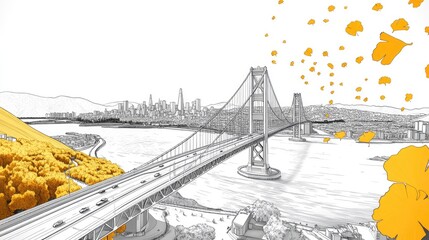 A cityscape view of a suspension bridge with falling leaves.
