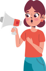 Announcing Loudly: A dynamic illustration showcases a woman holding a megaphone, her surprised expression indicating she's just announced something significant. The vibrant and colorful artwork.