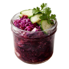 Fresh pickled cabbage with cucumber slices and cilantro in a glass jar, ideal for healthy meal preparations and vibrant presentations.