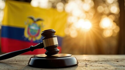 Justice gavel with Ecuadorian flag in soft focus background