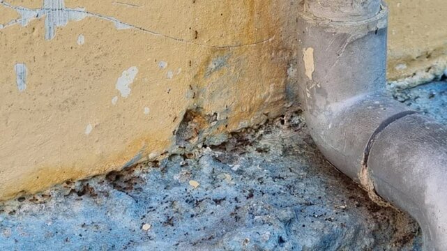 A group of red ants walking on a wall near a water pipe in the afternoon