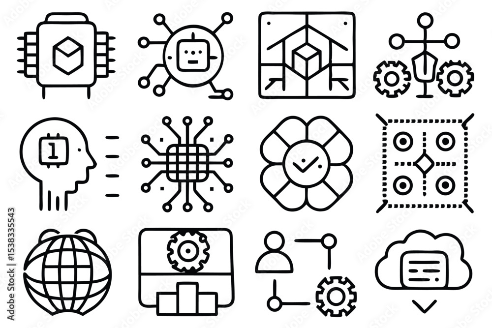 Poster collection of futuristic technology icons depicting artificial intelligence cloud computing and data