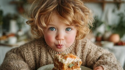 Adorable curly-haired child making a funny face while holding a plate with a slice of cake. Cozy sweater, bright blue eyes, cheerful indoor setting.