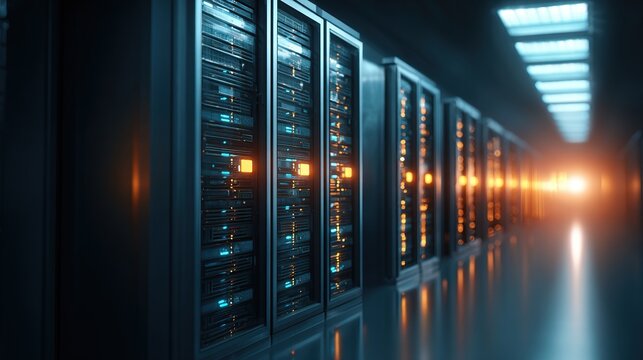 Dark server room with rows of metal server cabinets lit by orange/blue lights
