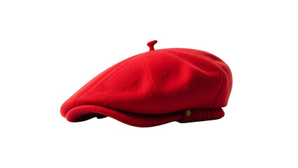 Close up shot of a bright red newsboy cap with a small button on a white background plain studio