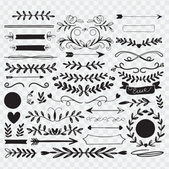 hand-drawn black and white decorative vector elements. Include a variety of ornate dividers, borders, floral flourishes, leafy branches, swirls, hearts, arrows, and circular wreaths.