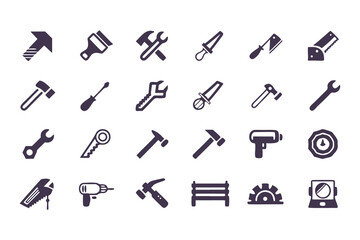 Set of black construction and repair tool icons. vector symbols including hammer, drill, wrench, saw, screwdriver, axe, and toolbox.