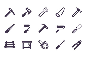 Set of black construction and repair tool icons. vector symbols including hammer, drill, wrench, saw, screwdriver, axe, and toolbox.