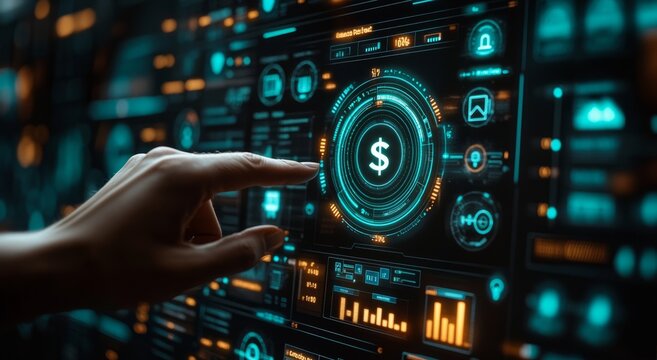 Interactive Finance: Hand navigating futuristic interface, dollar symbol at core of digital economy.