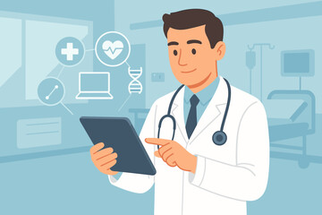 Male doctor using a digital tablet for modern healthcare. E-health technology concept with medical icons for electronic patient records, cardiology, and DNA research. Telemedicine illustration.