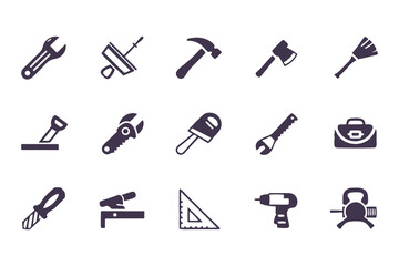 Set of black construction and repair tool icons. vector symbols including hammer, drill, wrench, saw, screwdriver, axe, and toolbox.