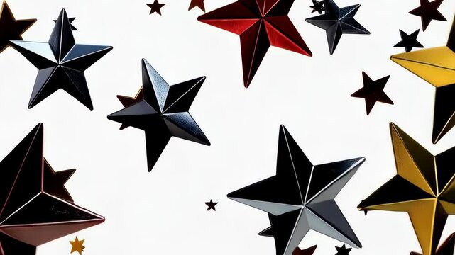 Shiny star shapes in various sizes and metallic tones arranged in random design over a white background for holiday celebrations, rewards, decorations.