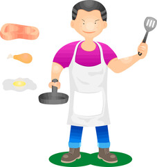 Culinary Master: An illustrated depiction of a smiling cook preparing food, featuring various cooked food items such as steak, chicken, and an egg.
